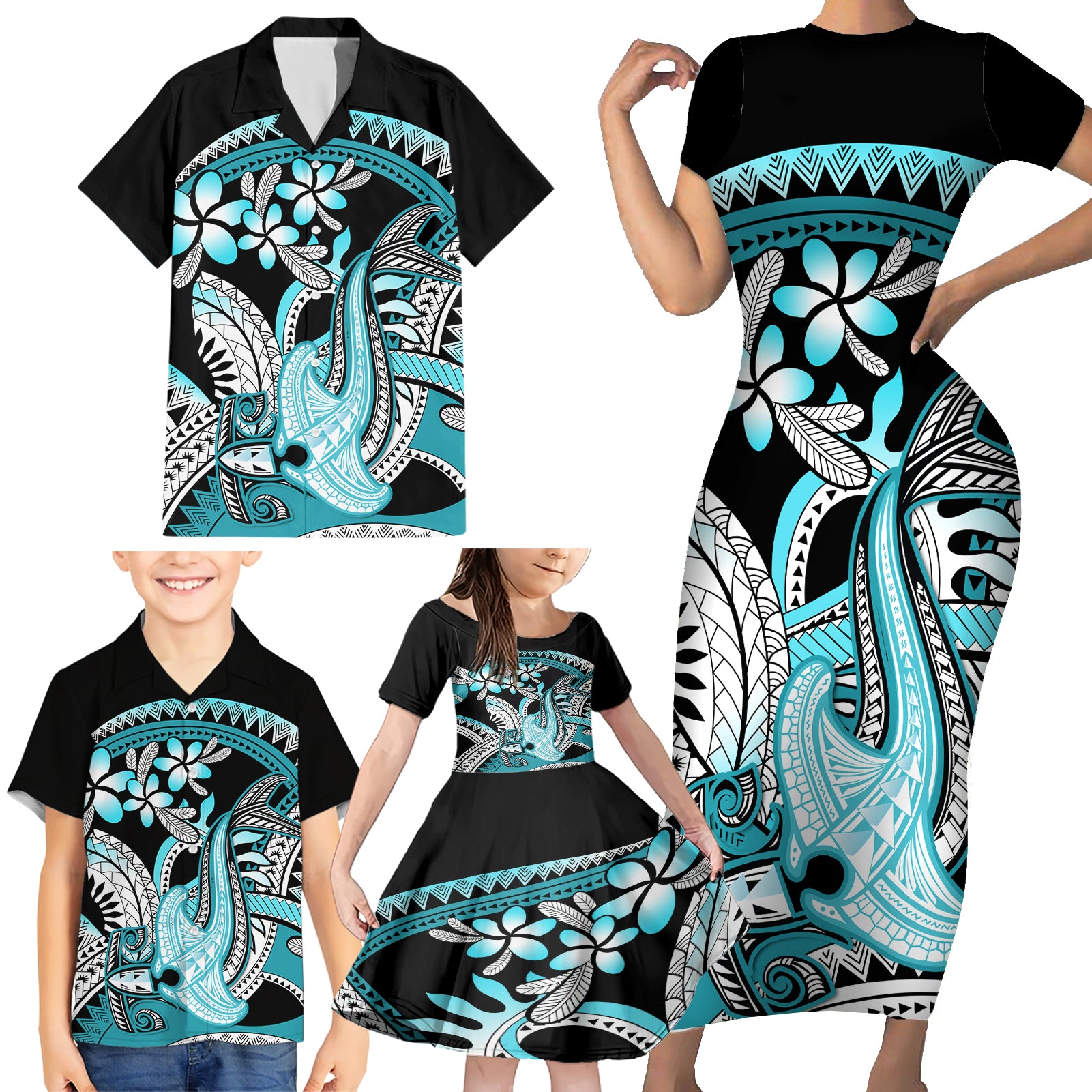 Turquoise Polynesian Hammerhead Shark Tattoo Family Matching Short Sleeve Bodycon Dress and Hawaiian Shirt Royal Plumeria Gradient Vibes LT14 - Polynesian Pride