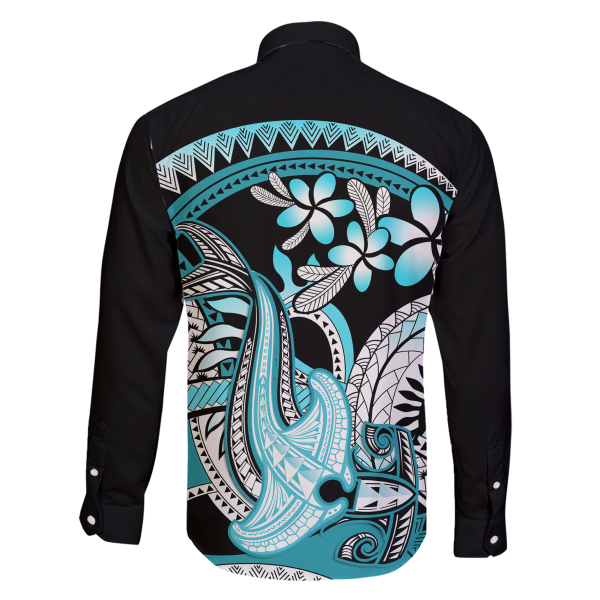 Turquoise Polynesian Hammerhead Shark Tattoo Family Matching Short Sleeve Bodycon Dress and Hawaiian Shirt Royal Plumeria Gradient Vibes LT14 - Polynesian Pride