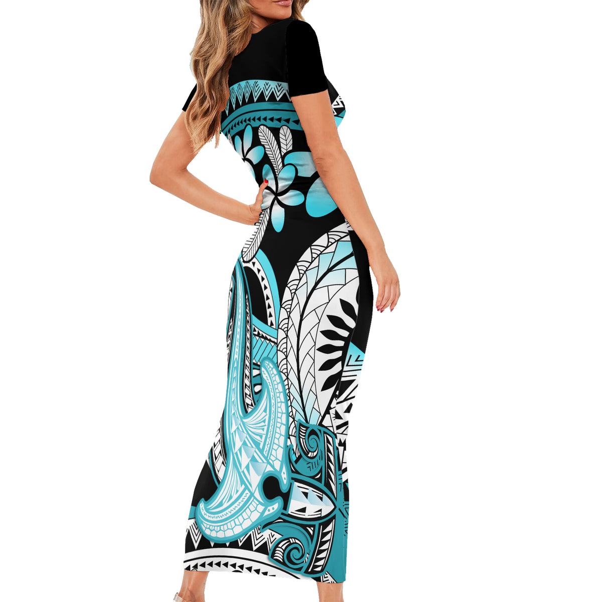 Turquoise Polynesian Hammerhead Shark Tattoo Family Matching Short Sleeve Bodycon Dress and Hawaiian Shirt Royal Plumeria Gradient Vibes LT14 - Polynesian Pride