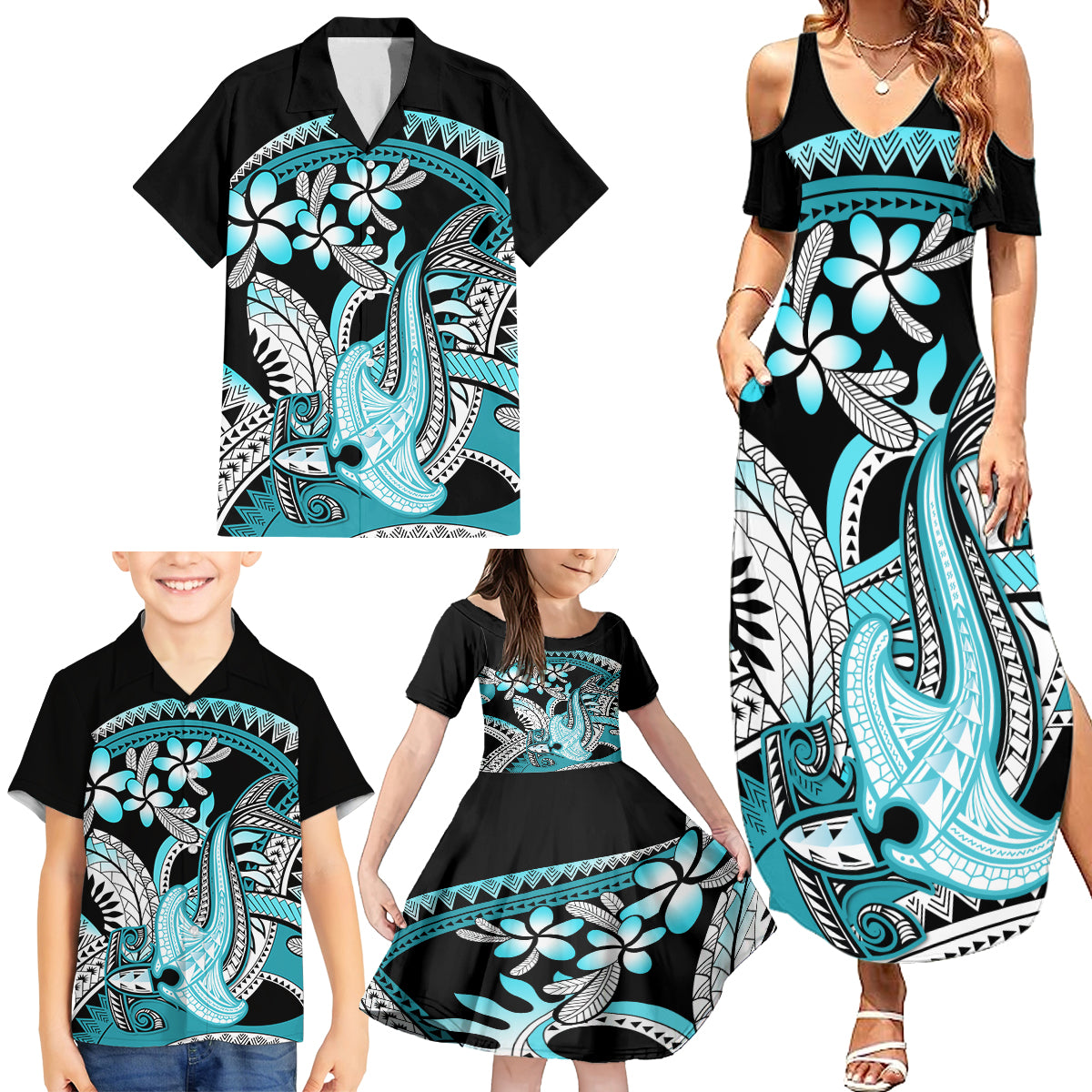 Turquoise Polynesian Hammerhead Shark Tattoo Family Matching Summer Maxi Dress and Hawaiian Shirt Royal Plumeria Gradient Vibes LT14 - Polynesian Pride