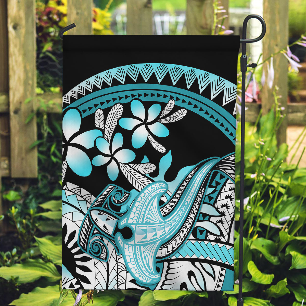 Turquoise Polynesian Hammerhead Shark Tattoo Garden Flag Royal Plumeria Gradient Vibes LT14 Garden Flag Turquoise - Polynesian Pride