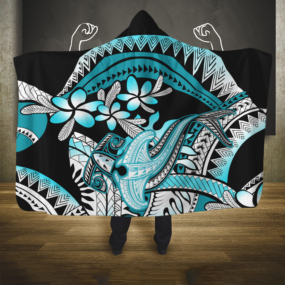 Turquoise Polynesian Hammerhead Shark Tattoo Hooded Blanket Royal Plumeria Gradient Vibes LT14 One Size Turquoise - Polynesian Pride