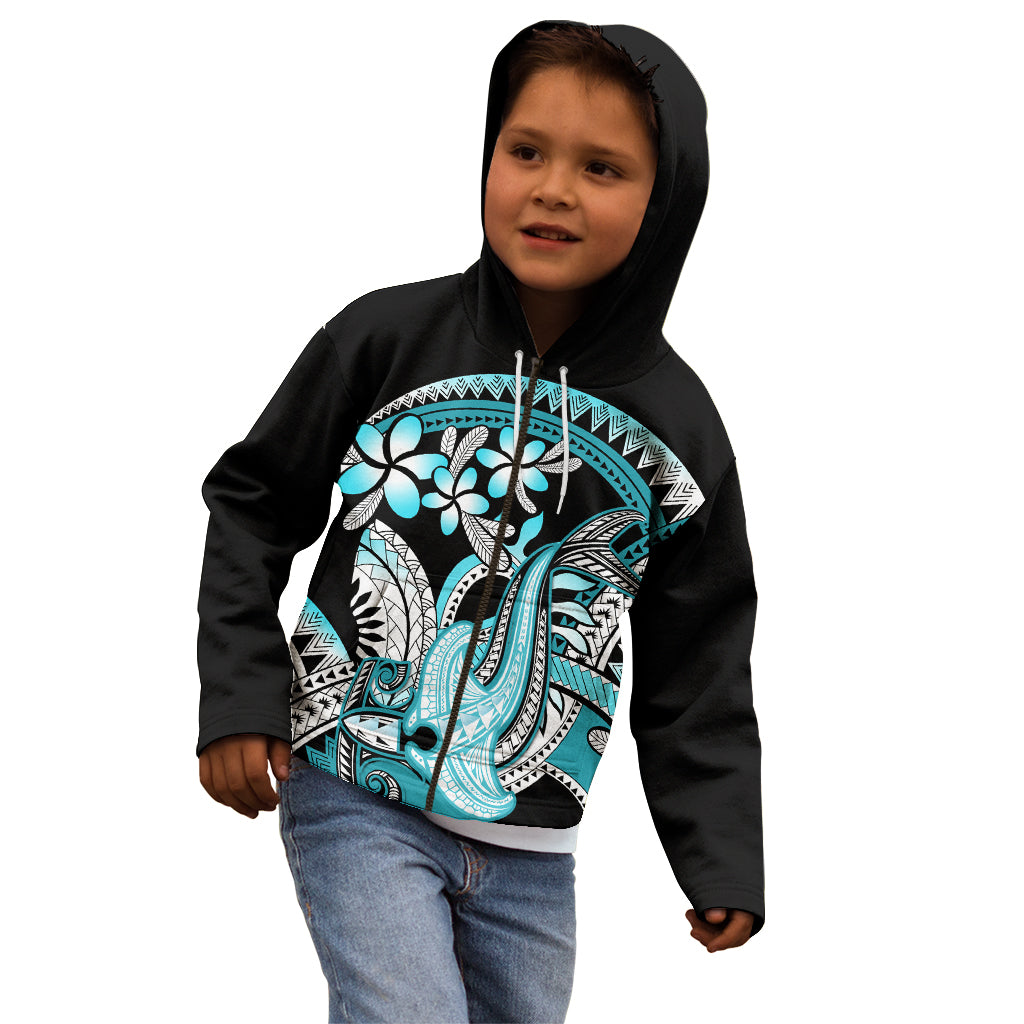 Turquoise Polynesian Hammerhead Shark Tattoo Kid Hoodie Royal Plumeria Gradient Vibes LT14 - Polynesian Pride