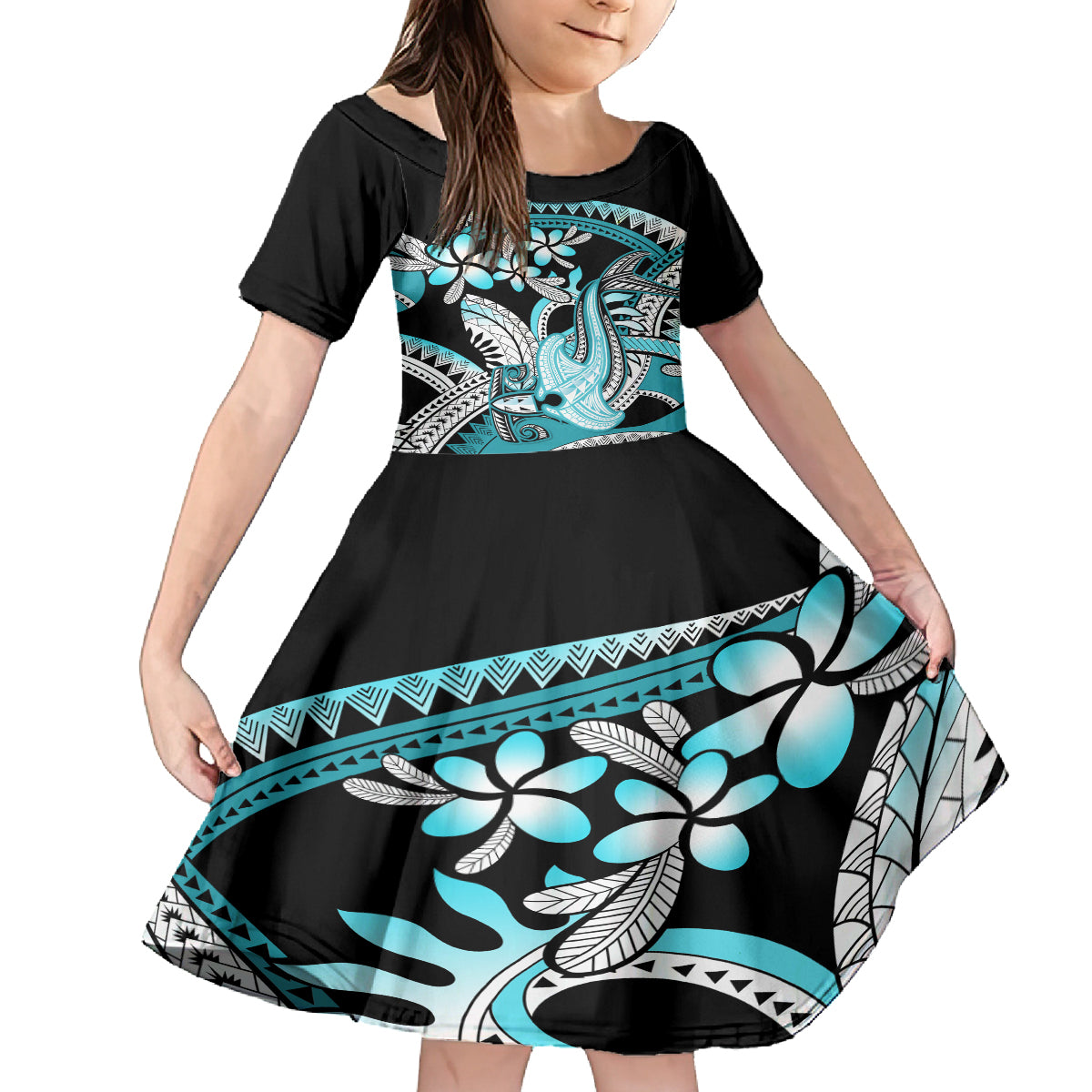Turquoise Polynesian Hammerhead Shark Tattoo Kid Short Sleeve Dress Royal Plumeria Gradient Vibes LT14 KID Turquoise - Polynesian Pride
