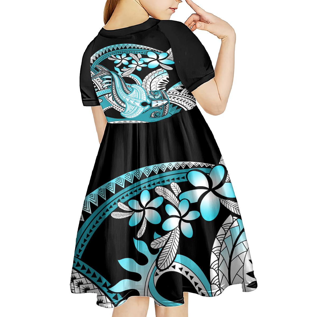 Turquoise Polynesian Hammerhead Shark Tattoo Kid Short Sleeve Dress Royal Plumeria Gradient Vibes LT14 - Polynesian Pride