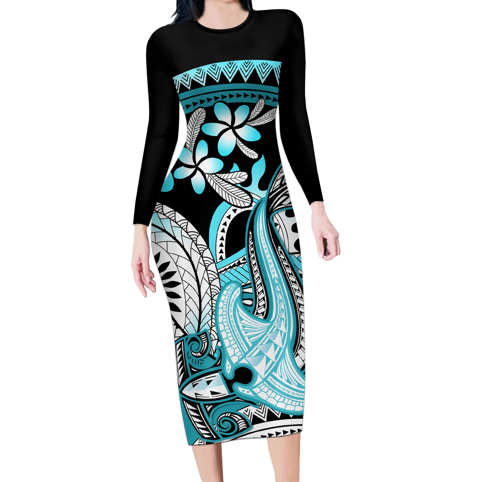 Turquoise Polynesian Hammerhead Shark Tattoo Long Sleeve Bodycon Dress Royal Plumeria Gradient Vibes LT14 Long Dress Turquoise - Polynesian Pride