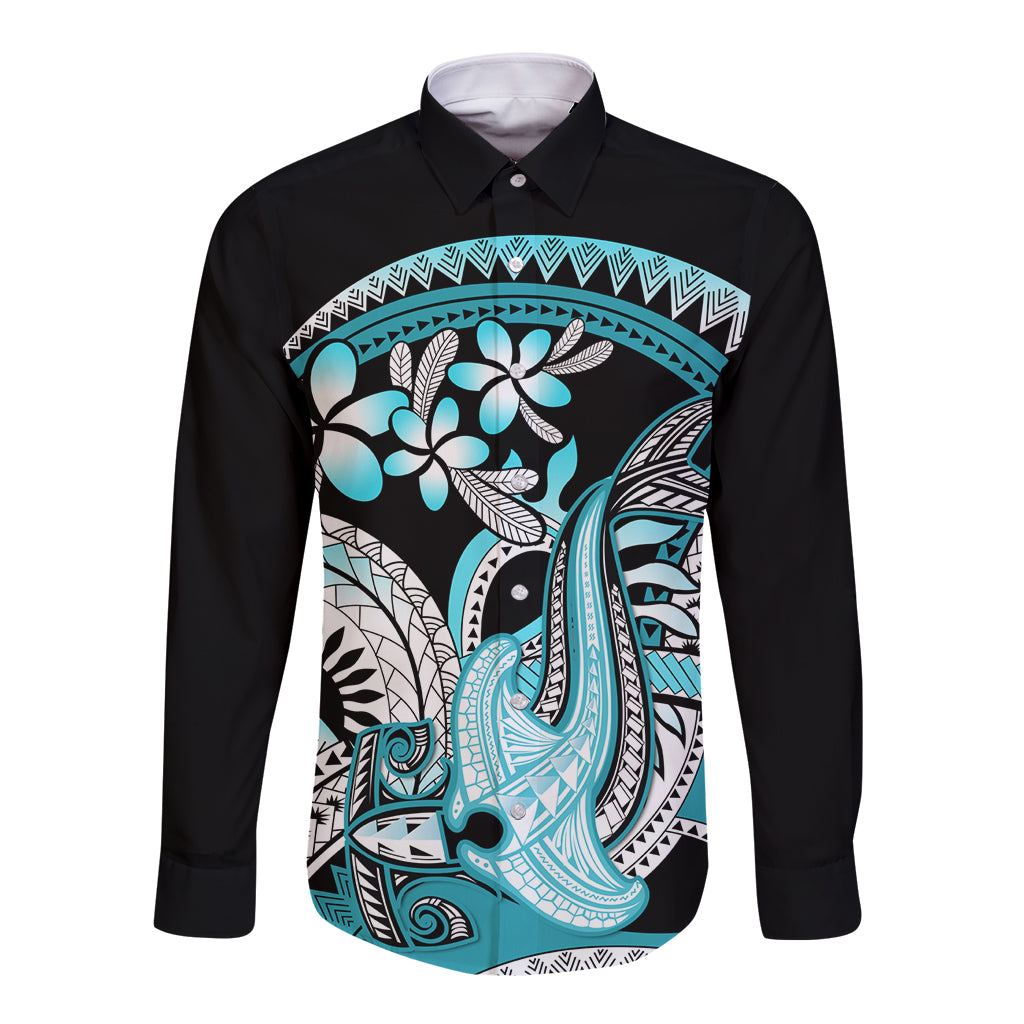 Turquoise Polynesian Hammerhead Shark Tattoo Long Sleeve Button Shirt Royal Plumeria Gradient Vibes LT14 Unisex Turquoise - Polynesian Pride