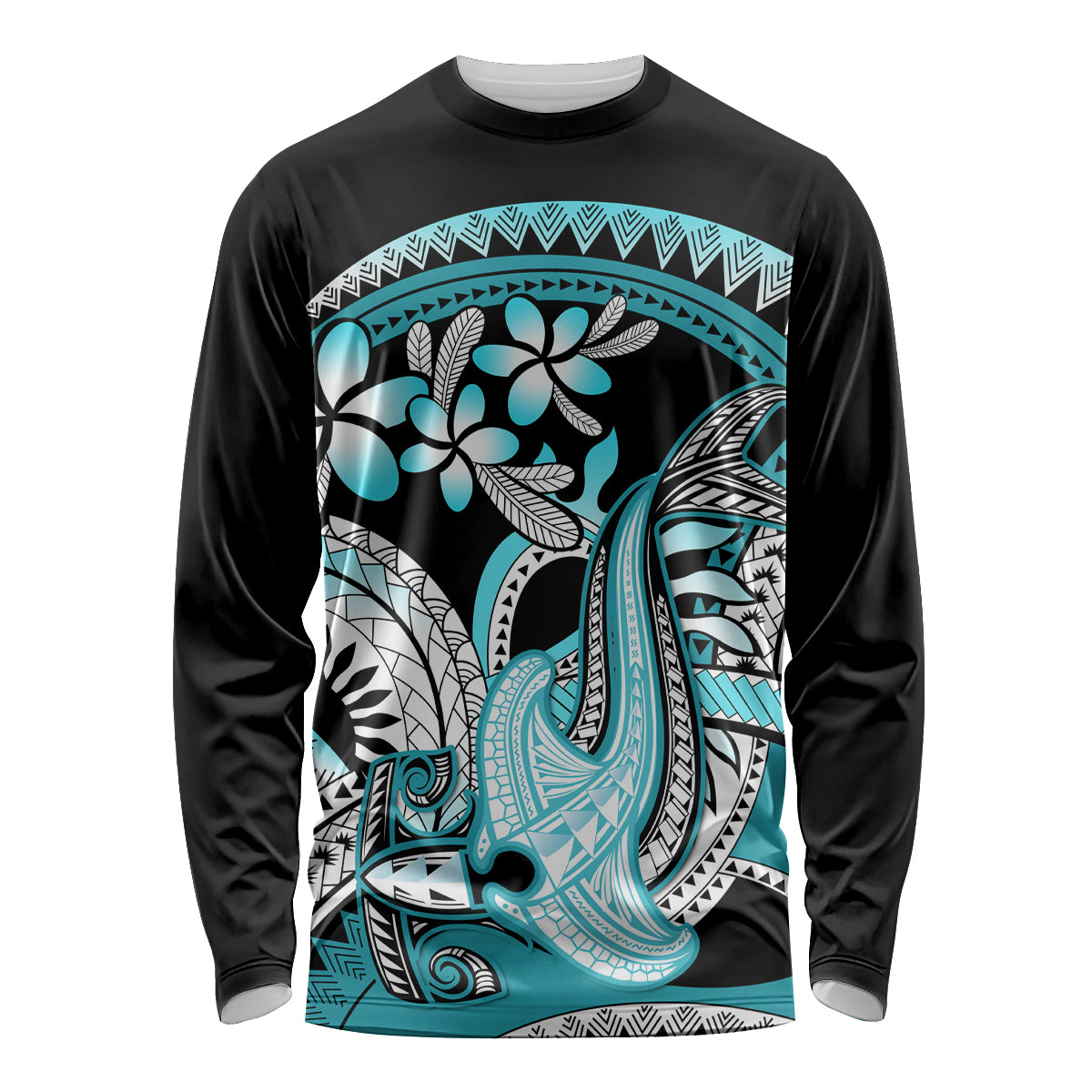 Turquoise Polynesian Hammerhead Shark Tattoo Long Sleeve Shirt Royal Plumeria Gradient Vibes LT14 Unisex Turquoise - Polynesian Pride