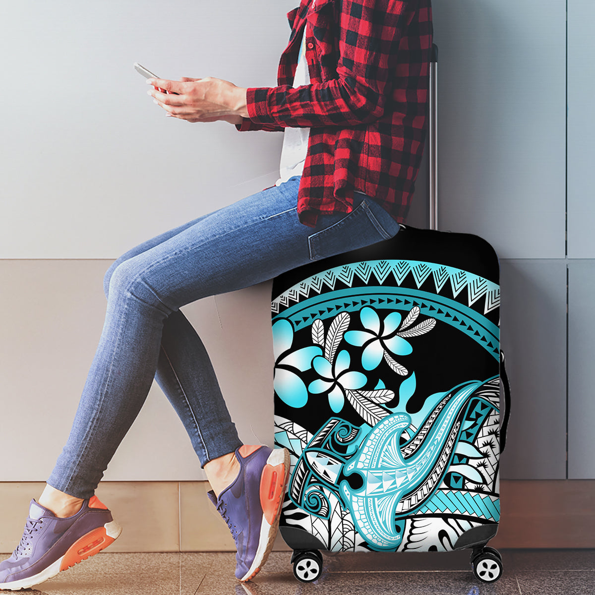 Turquoise Polynesian Hammerhead Shark Tattoo Luggage Cover Royal Plumeria Gradient Vibes LT14 - Polynesian Pride