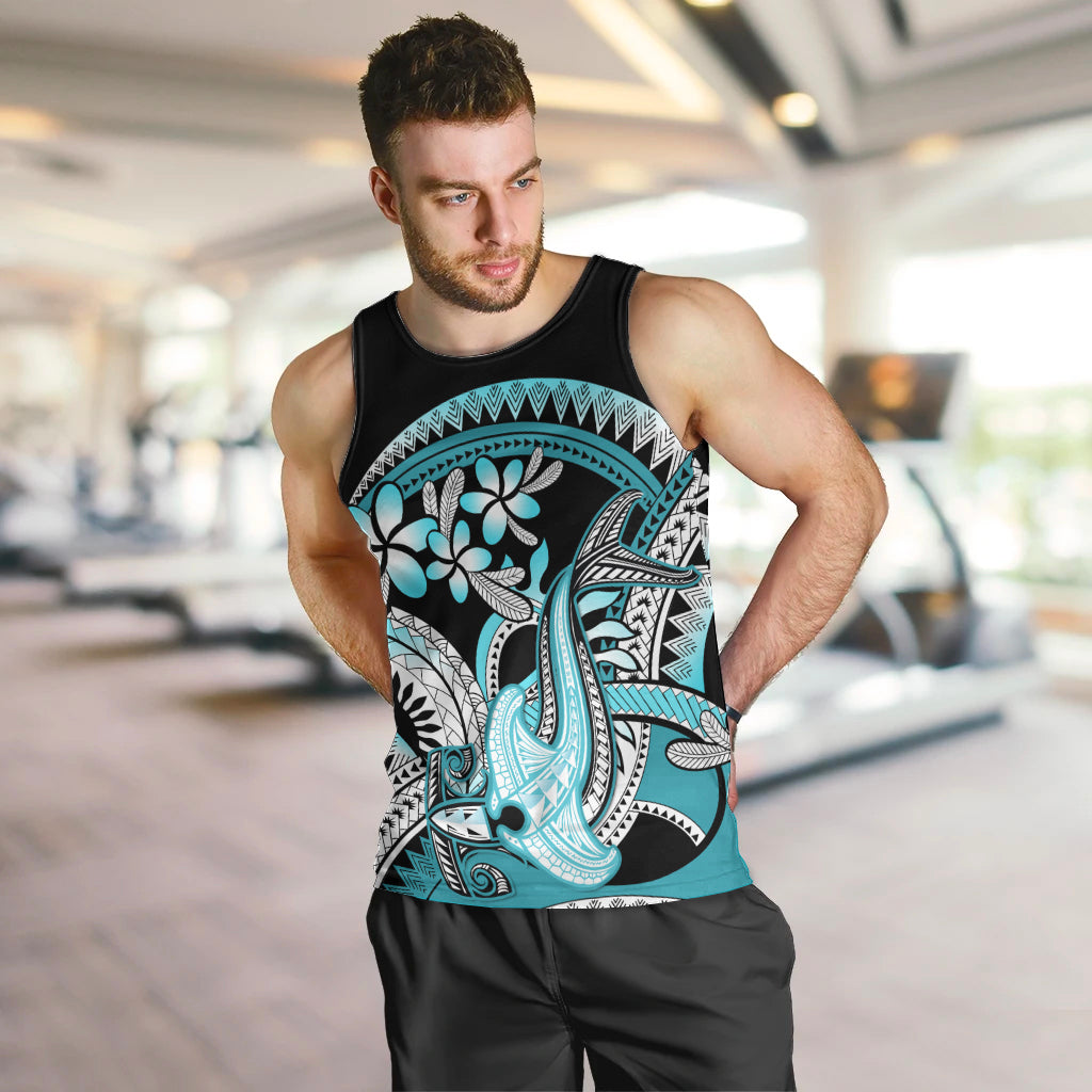 Turquoise Polynesian Hammerhead Shark Tattoo Men Tank Top Royal Plumeria Gradient Vibes LT14 Turquoise - Polynesian Pride