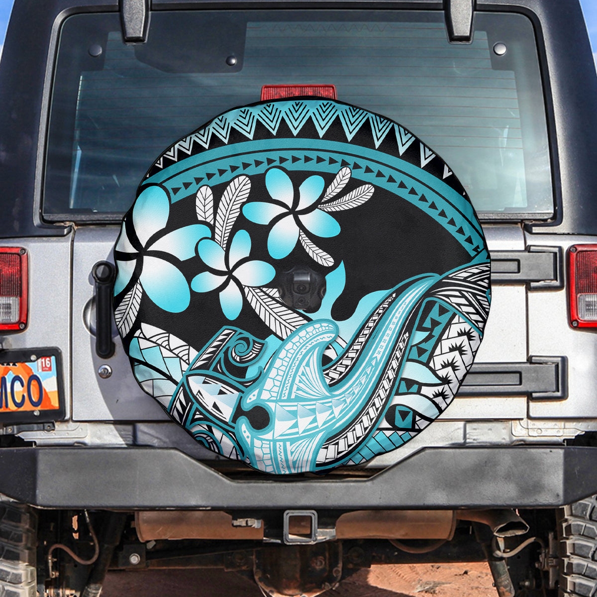 Turquoise Polynesian Hammerhead Shark Tattoo Spare Tire Cover Royal Plumeria Gradient Vibes LT14 Turquoise - Polynesian Pride