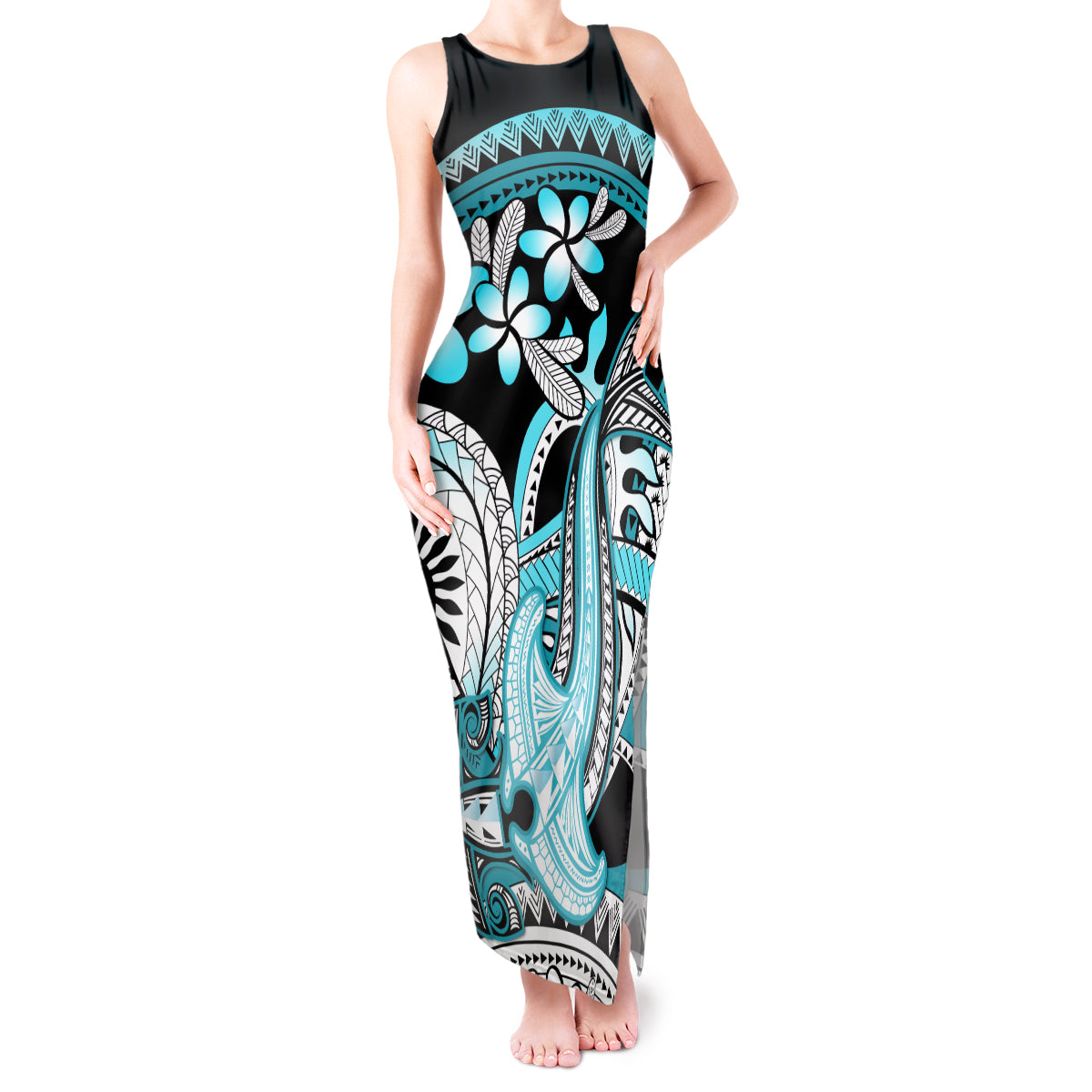 Turquoise Polynesian Hammerhead Shark Tattoo Tank Maxi Dress Royal Plumeria Gradient Vibes LT14 Women Turquoise - Polynesian Pride