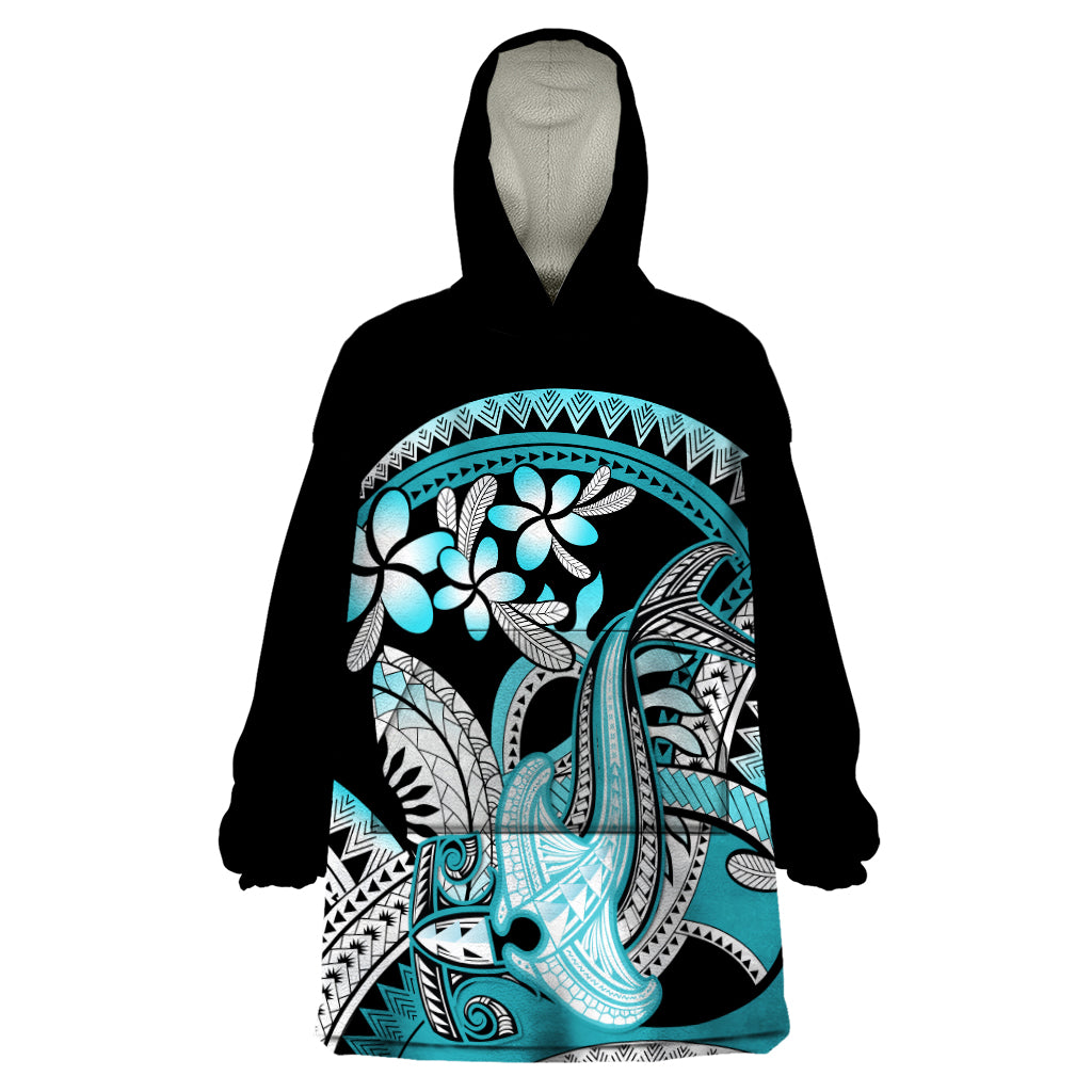 Turquoise Polynesian Hammerhead Shark Tattoo Wearable Blanket Hoodie Royal Plumeria Gradient Vibes LT14 One Size Turquoise - Polynesian Pride