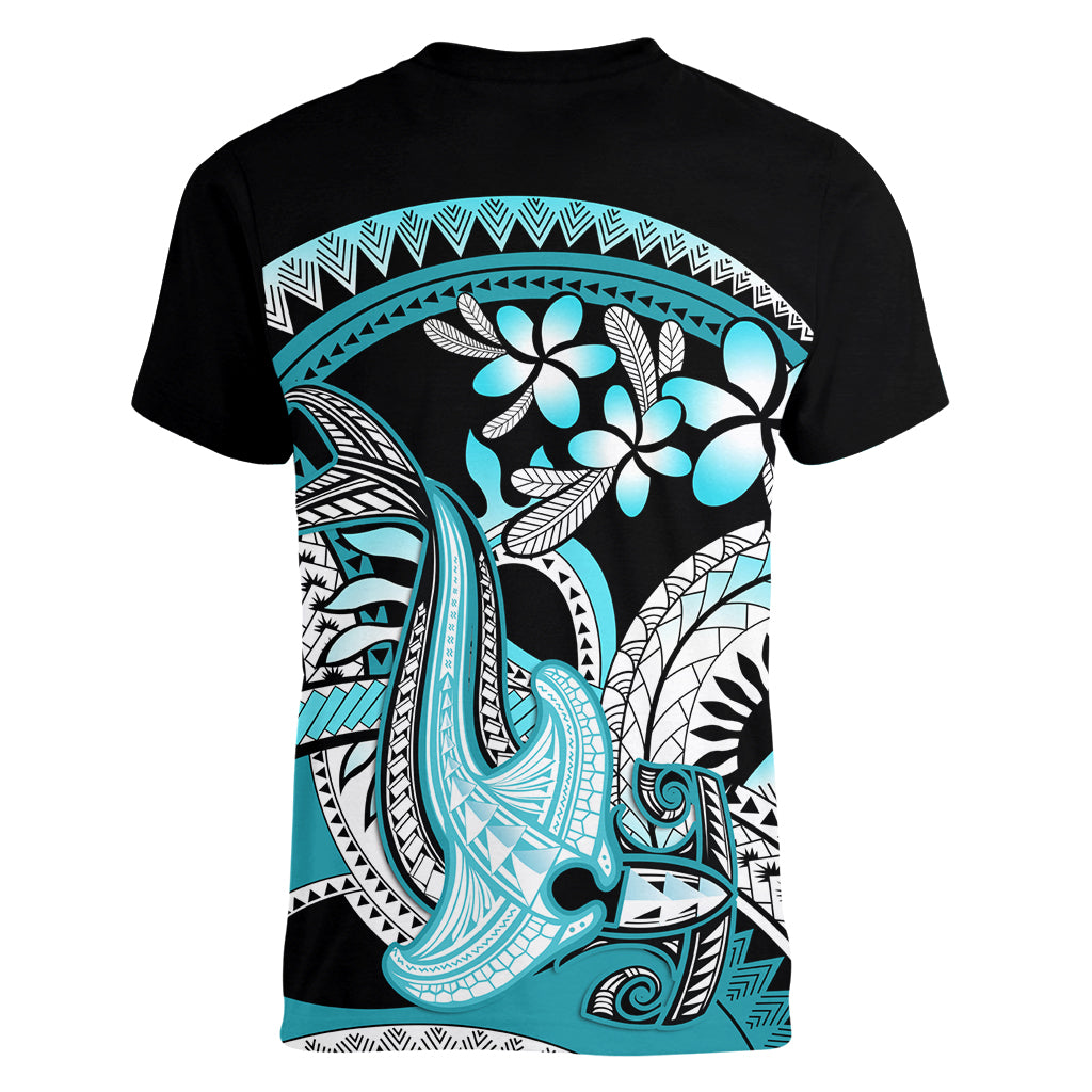 Turquoise Polynesian Hammerhead Shark Tattoo Women V Neck T Shirt Royal Plumeria Gradient Vibes LT14 - Polynesian Pride