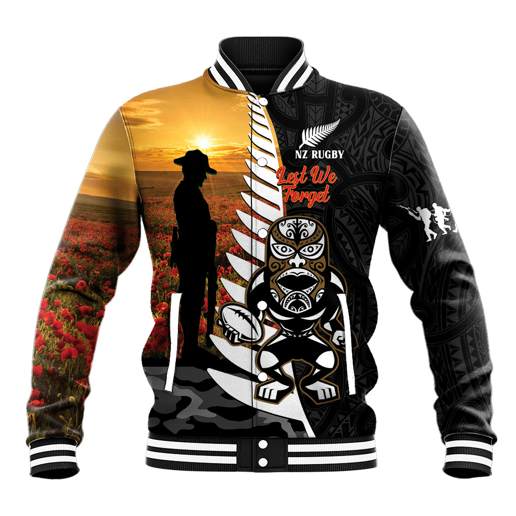 Custom New Zealand Silver Fern Rugby ANZAC Day Baseball Jacket 2024 All Black Tiki Mascot LT14 Unisex Black - Polynesian Pride