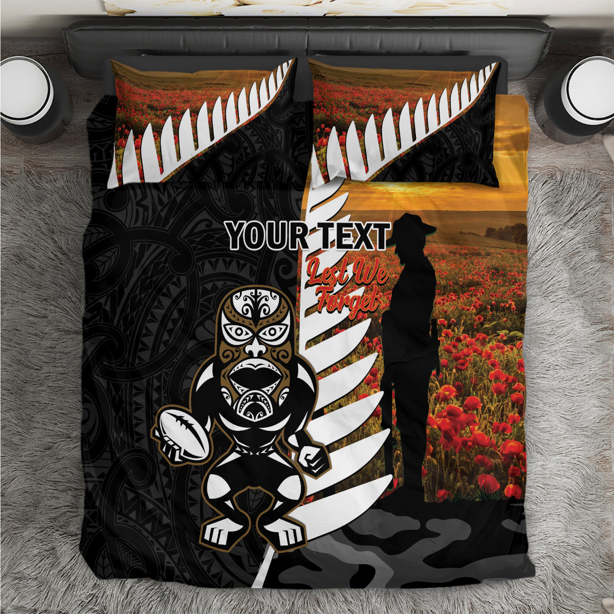 Custom New Zealand Silver Fern Rugby ANZAC Day Bedding Set 2024 All Black Tiki Mascot