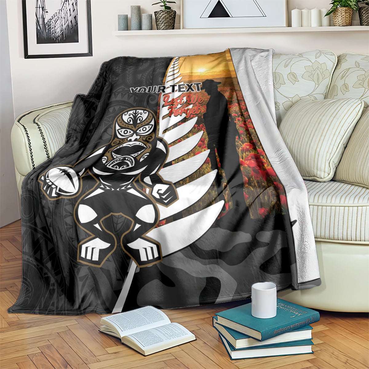 Custom New Zealand Silver Fern Rugby ANZAC Day Blanket 2024 All Black Tiki Mascot