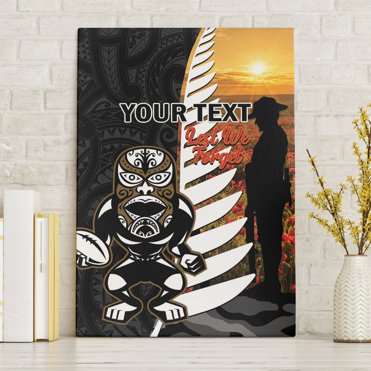 Custom New Zealand Silver Fern Rugby ANZAC Day Canvas Wall Art 2024 All Black Tiki Mascot LT14 Without Frame Black - Polynesian Pride