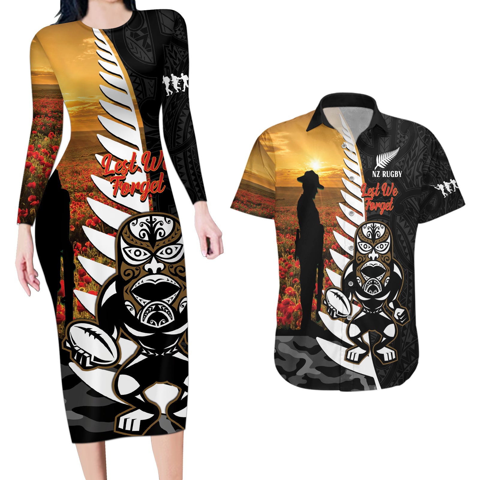 Custom New Zealand Silver Fern Rugby ANZAC Day Couples Matching Long Sleeve Bodycon Dress and Hawaiian Shirt 2024 All Black Tiki Mascot LT14 Black - Polynesian Pride