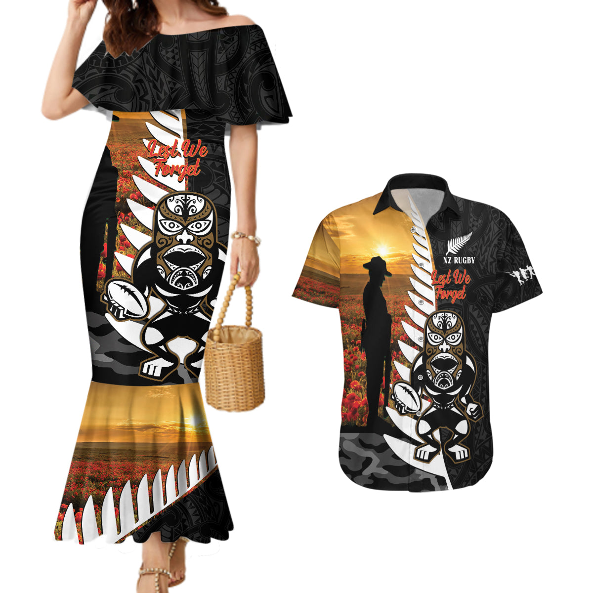 Custom New Zealand Silver Fern Rugby ANZAC Day Couples Matching Mermaid Dress and Hawaiian Shirt 2024 All Black Tiki Mascot LT14 Black - Polynesian Pride