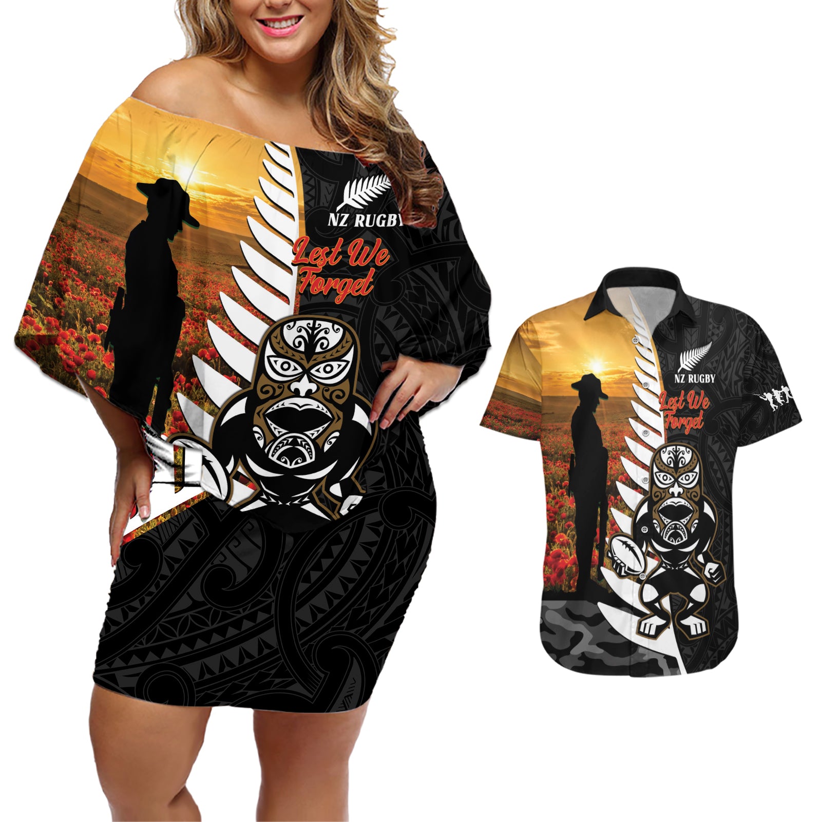 Custom New Zealand Silver Fern Rugby ANZAC Day Couples Matching Off Shoulder Short Dress and Hawaiian Shirt 2024 All Black Tiki Mascot LT14 Black - Polynesian Pride