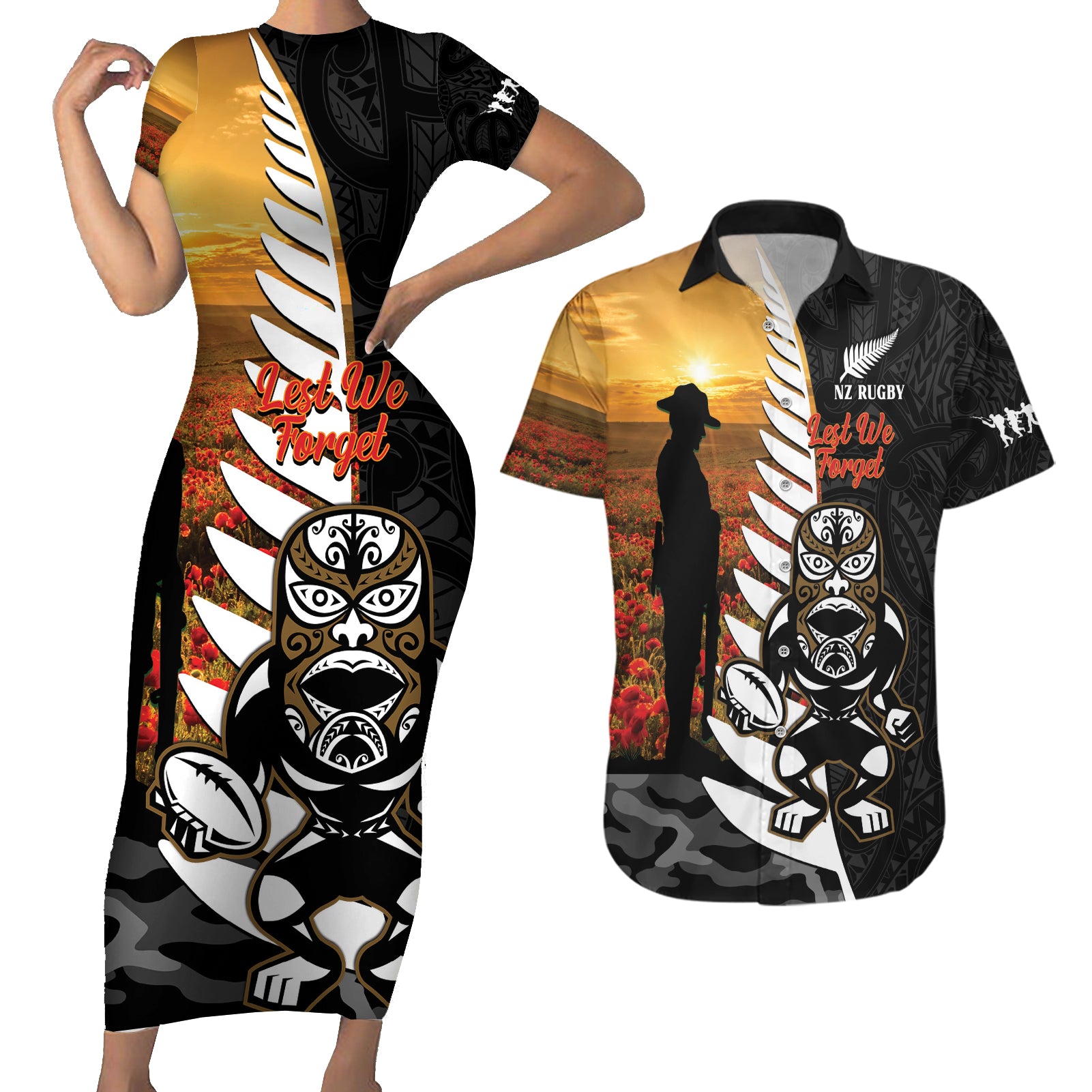 Custom New Zealand Silver Fern Rugby ANZAC Day Couples Matching Short Sleeve Bodycon Dress and Hawaiian Shirt 2024 All Black Tiki Mascot LT14 Black - Polynesian Pride