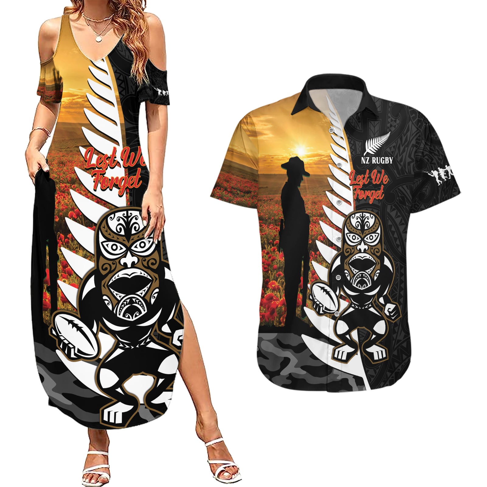 Custom New Zealand Silver Fern Rugby ANZAC Day Couples Matching Summer Maxi Dress and Hawaiian Shirt 2024 All Black Tiki Mascot LT14 Black - Polynesian Pride