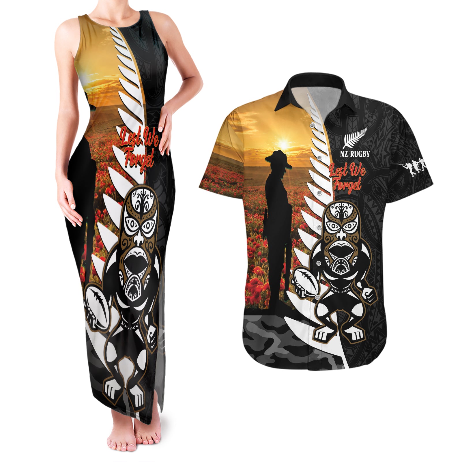 Custom New Zealand Silver Fern Rugby ANZAC Day Couples Matching Tank Maxi Dress and Hawaiian Shirt 2024 All Black Tiki Mascot LT14 Black - Polynesian Pride