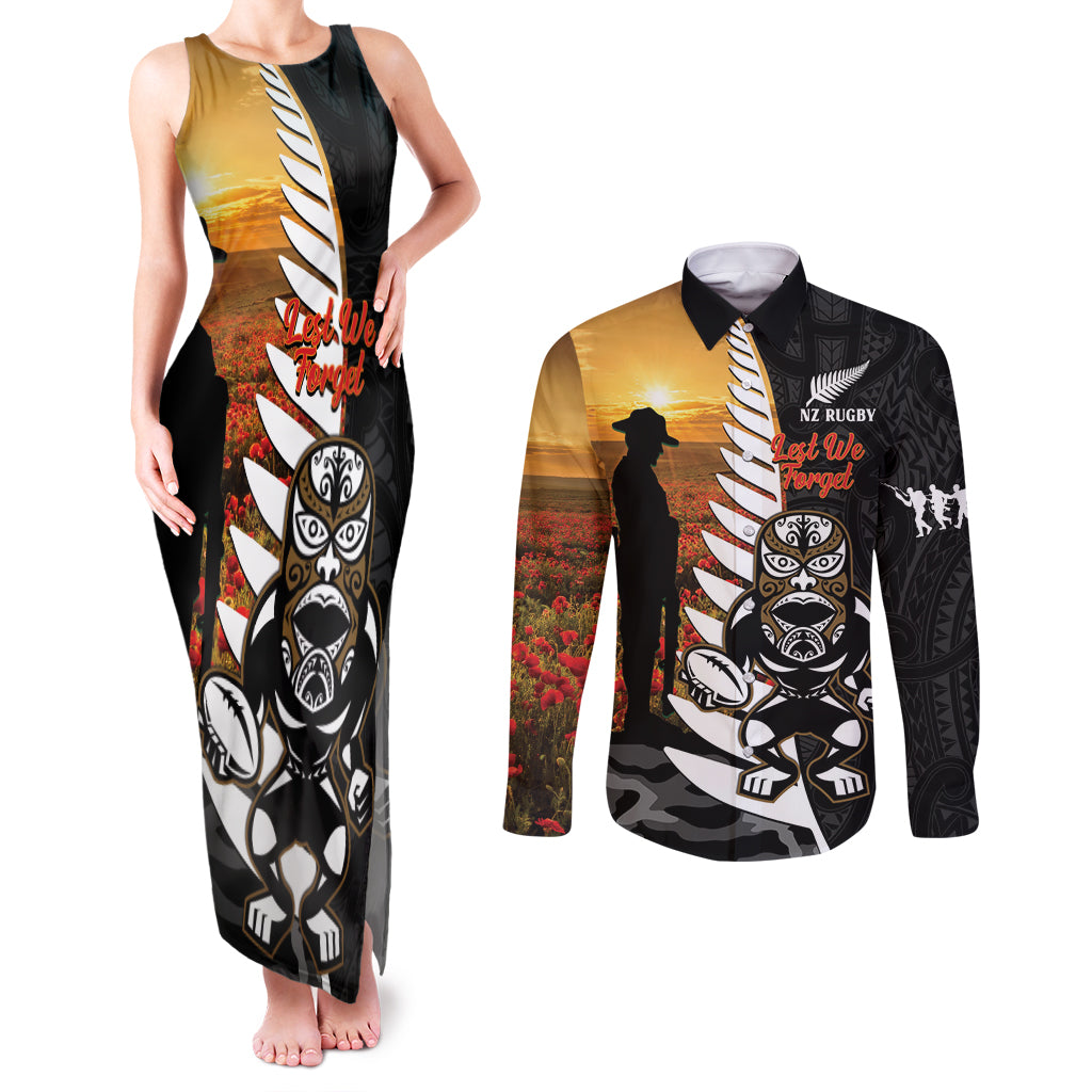 Custom New Zealand Silver Fern Rugby ANZAC Day Couples Matching Tank Maxi Dress and Long Sleeve Button Shirt 2024 All Black Tiki Mascot LT14 Black - Polynesian Pride