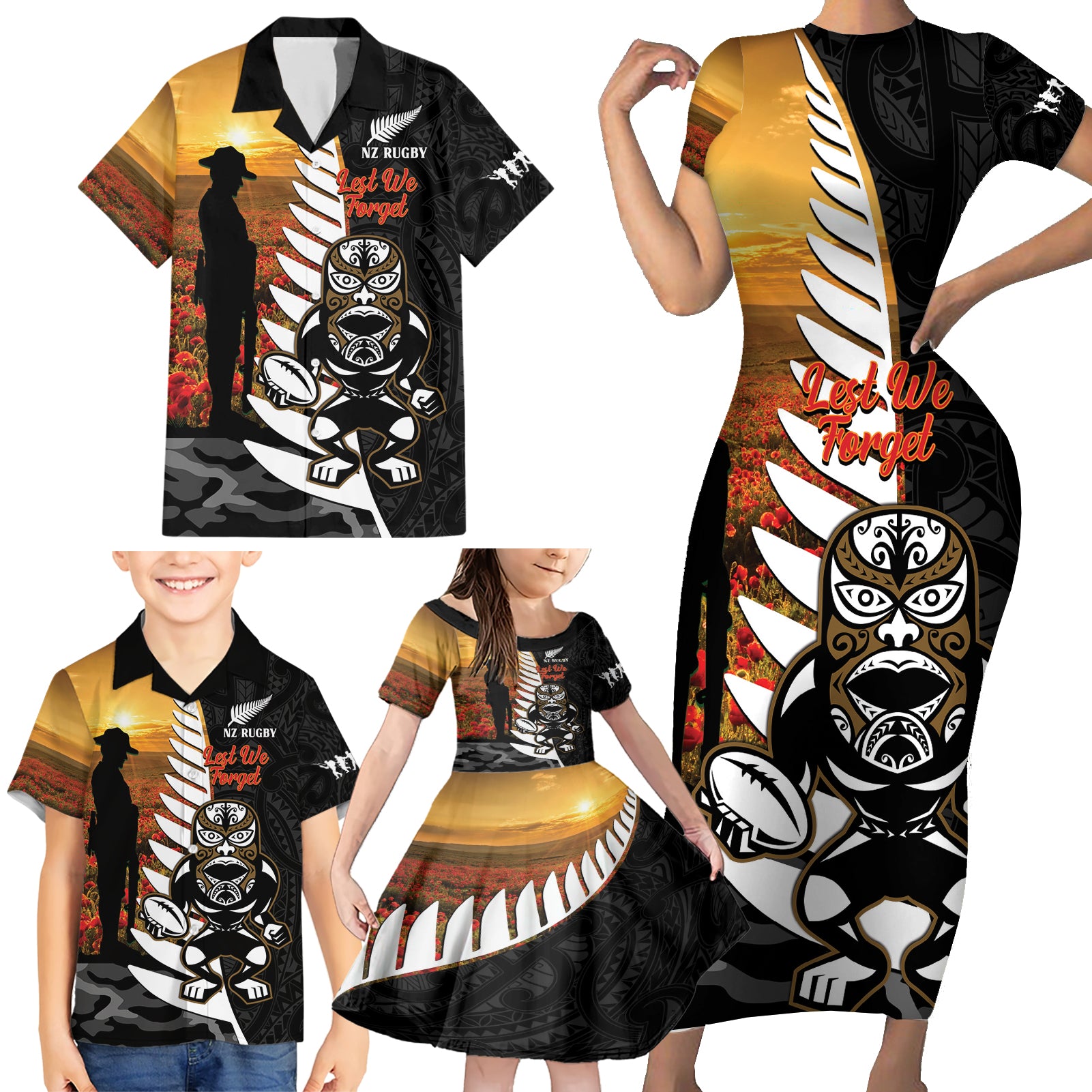 Custom New Zealand Silver Fern Rugby ANZAC Day Family Matching Short Sleeve Bodycon Dress and Hawaiian Shirt 2024 All Black Tiki Mascot LT14 - Polynesian Pride