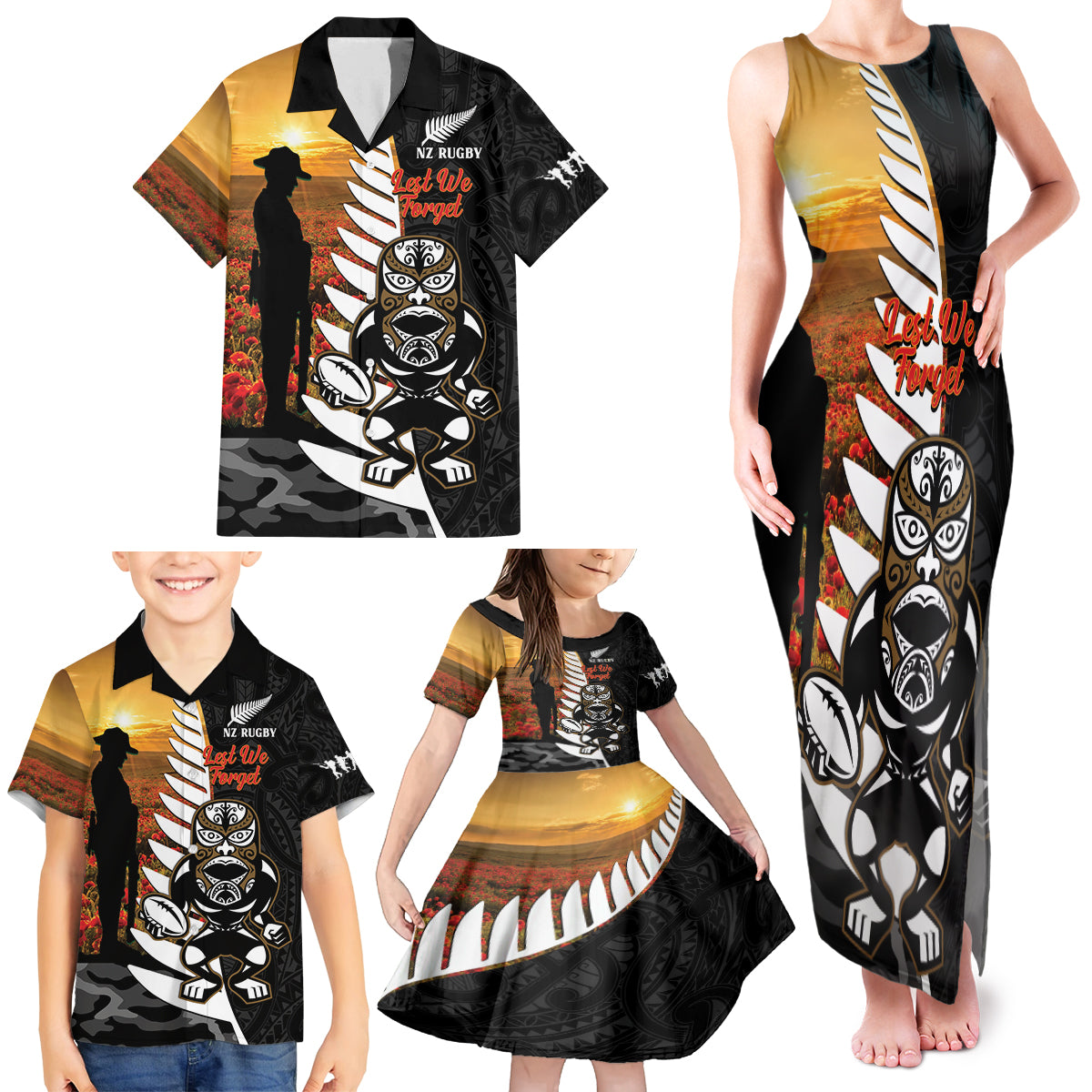 Custom New Zealand Silver Fern Rugby ANZAC Day Family Matching Tank Maxi Dress and Hawaiian Shirt 2024 All Black Tiki Mascot LT14 - Polynesian Pride