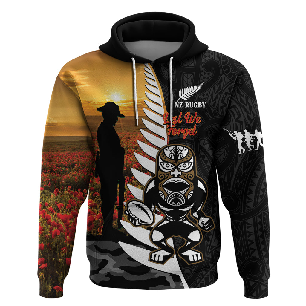 Custom New Zealand Silver Fern Rugby ANZAC Day Hoodie 2024 All Black Tiki Mascot LT14 Pullover Hoodie Black - Polynesian Pride