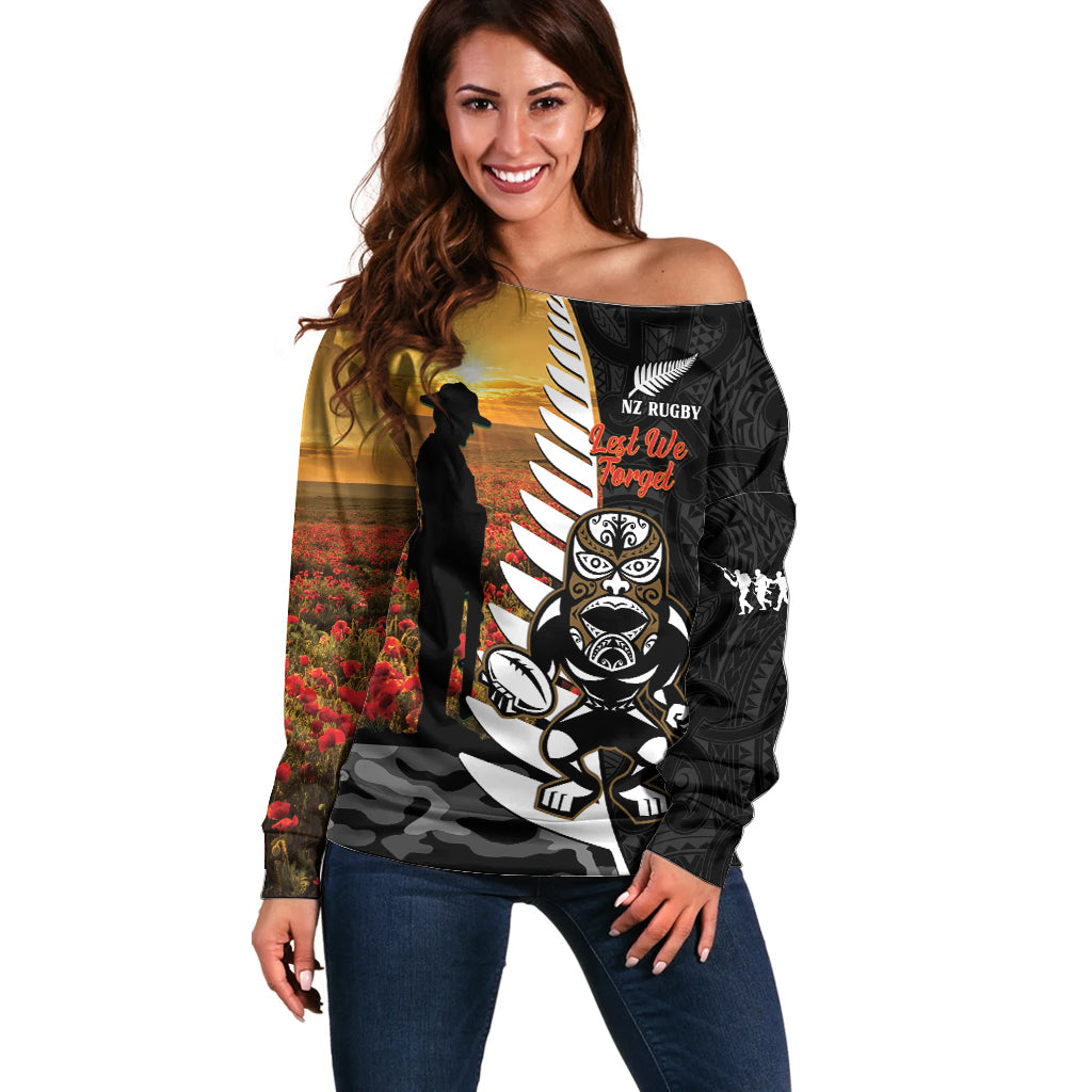 Custom New Zealand Silver Fern Rugby ANZAC Day Off Shoulder Sweater 2024 All Black Tiki Mascot LT14 Women Black - Polynesian Pride