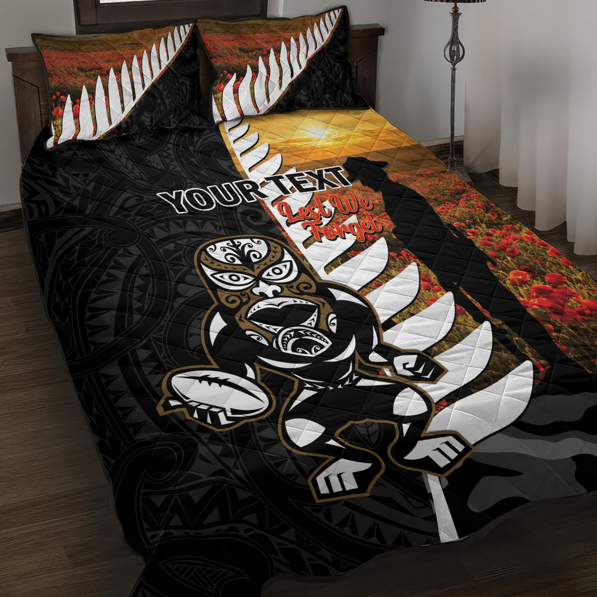 Custom New Zealand Silver Fern Rugby ANZAC Day Quilt Bed Set 2024 All Black Tiki Mascot