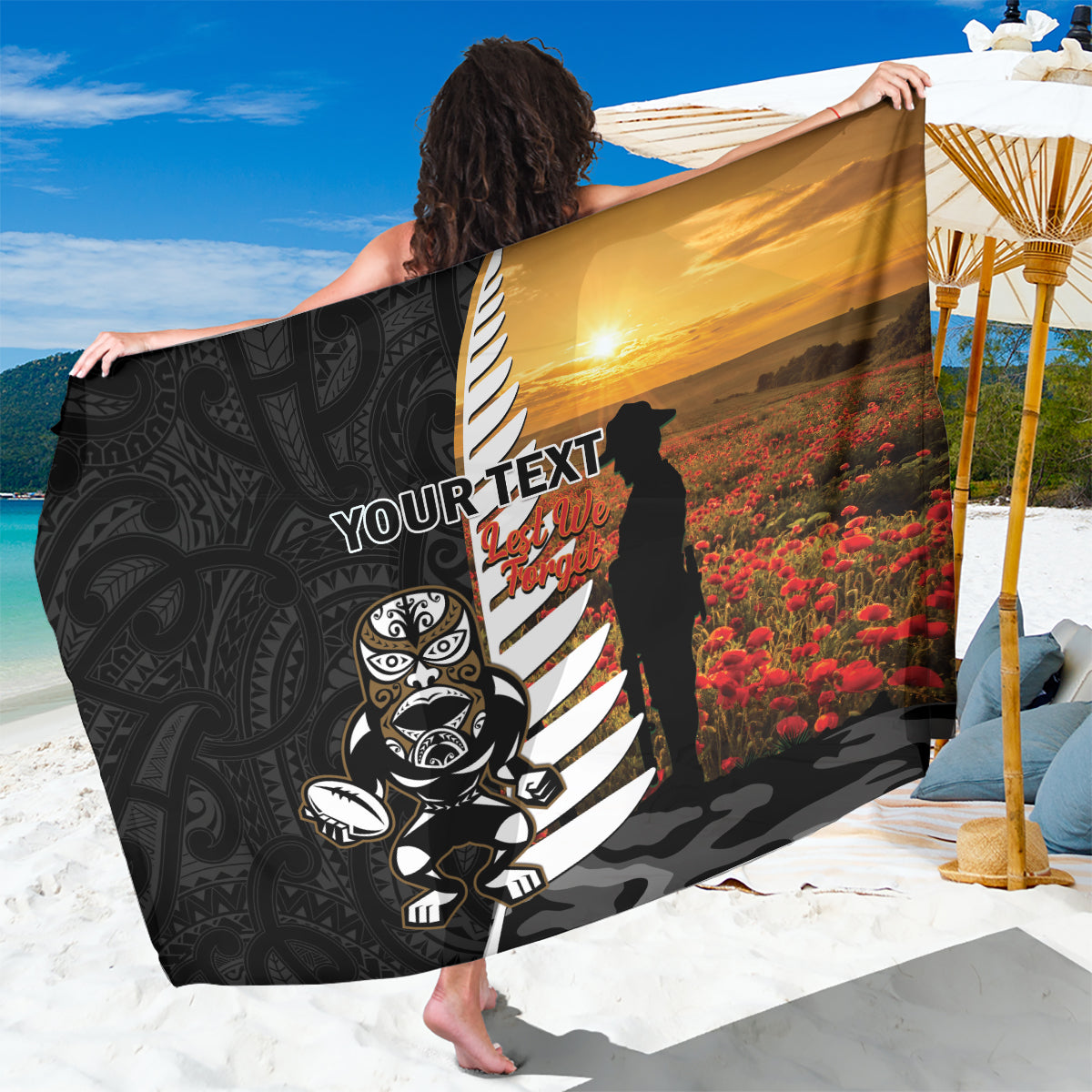 Custom New Zealand Silver Fern Rugby ANZAC Day Sarong 2024 All Black Tiki Mascot