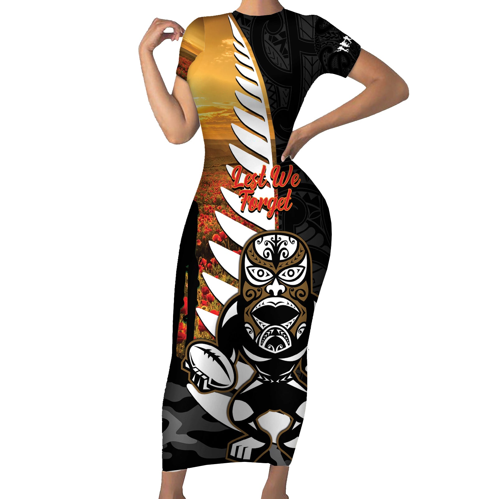 Custom New Zealand Silver Fern Rugby ANZAC Day Short Sleeve Bodycon Dress 2024 All Black Tiki Mascot LT14 Long Dress Black - Polynesian Pride