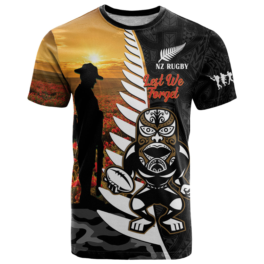 Custom New Zealand Silver Fern Rugby ANZAC Day T Shirt 2024 All Black Tiki Mascot LT14 Black - Polynesian Pride