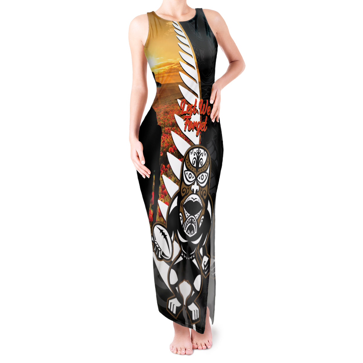 Custom New Zealand Silver Fern Rugby ANZAC Day Tank Maxi Dress 2024 All Black Tiki Mascot LT14 Women Black - Polynesian Pride