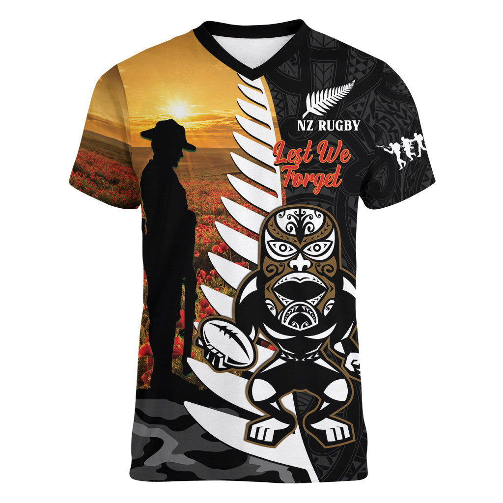 Custom New Zealand Silver Fern Rugby ANZAC Day Women V Neck T Shirt 2024 All Black Tiki Mascot LT14 Female Black - Polynesian Pride