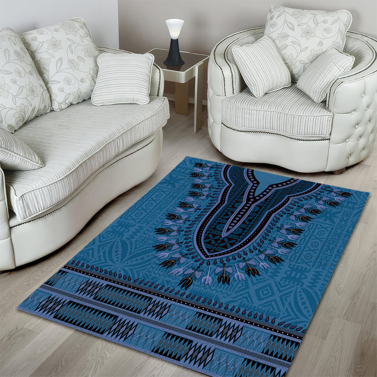 Blue African Dashiki With Fijian Tapa Pattern Area Rug