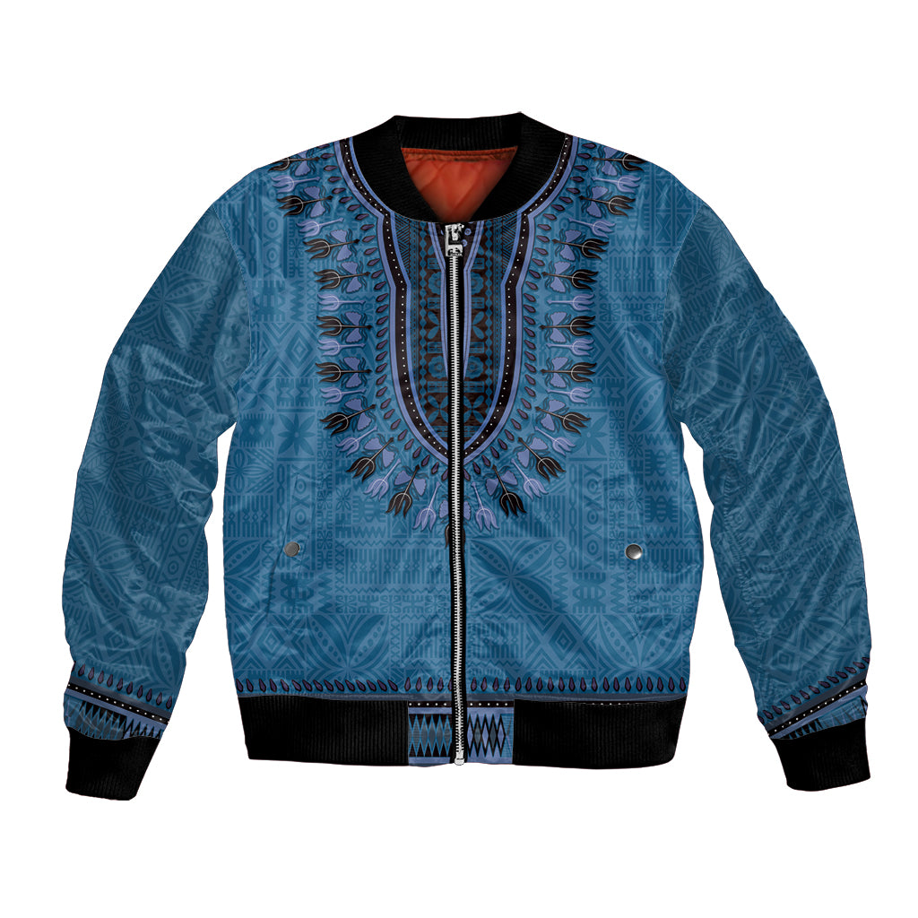 Blue African Dashiki With Fijian Tapa Pattern Bomber Jacket