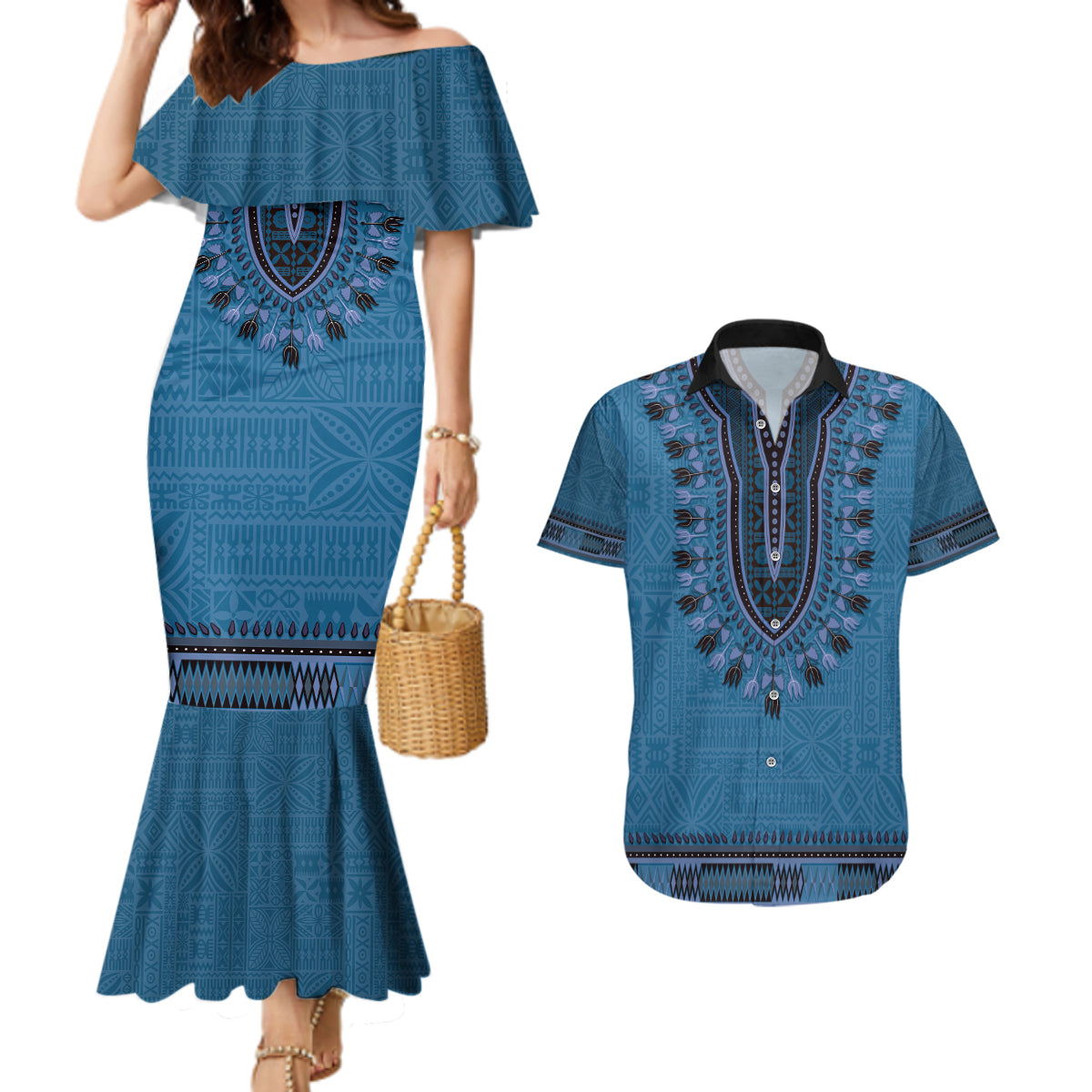 Blue African Dashiki With Fijian Tapa Pattern Couples Matching Mermaid Dress and Hawaiian Shirt