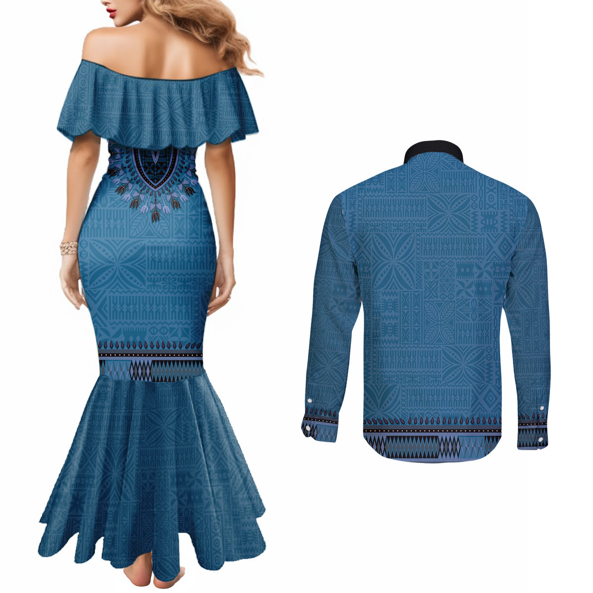 Blue African Dashiki With Fijian Tapa Pattern Couples Matching Mermaid Dress and Long Sleeve Button Shirt