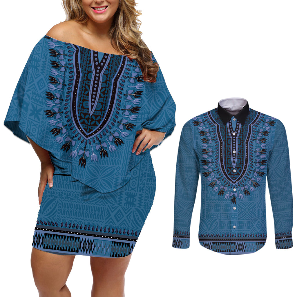 Blue African Dashiki With Fijian Tapa Pattern Couples Matching Off Shoulder Short Dress and Long Sleeve Button Shirt