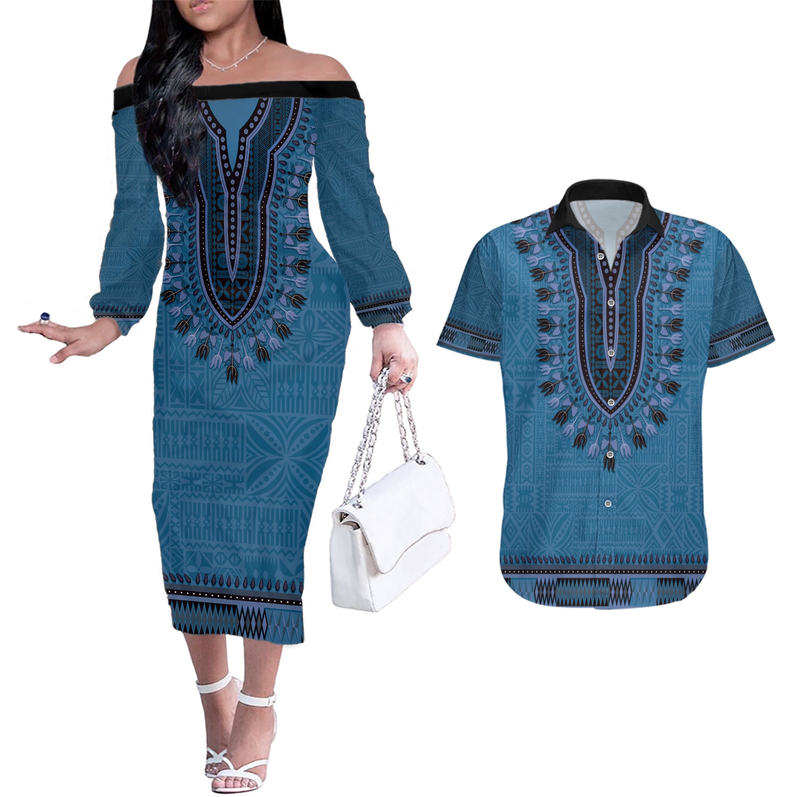 Blue African Dashiki With Fijian Tapa Pattern Couples Matching Off The Shoulder Long Sleeve Dress and Hawaiian Shirt