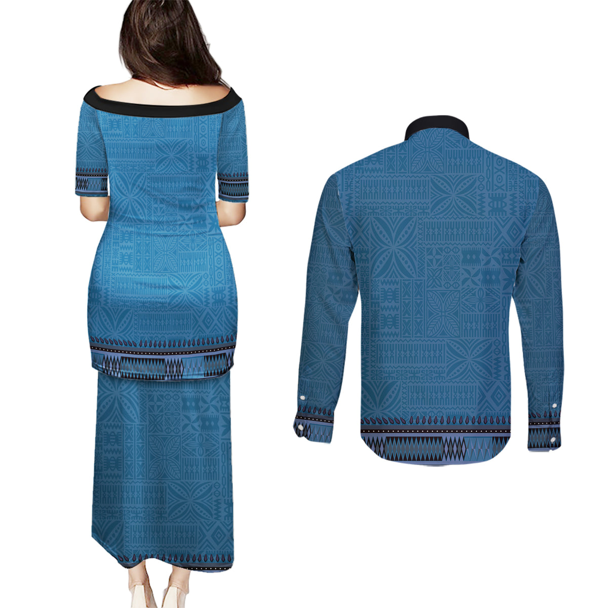Blue African Dashiki With Fijian Tapa Pattern Couples Matching Puletasi and Long Sleeve Button Shirt