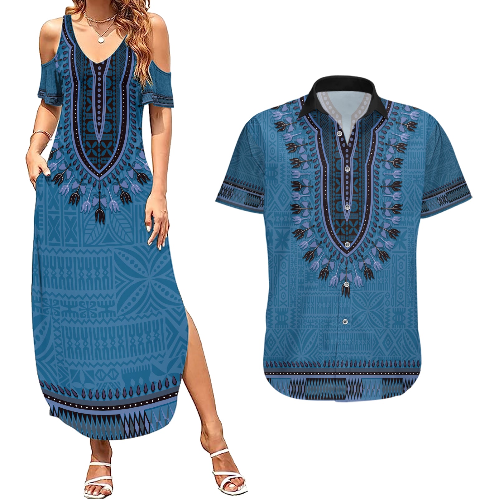Blue African Dashiki With Fijian Tapa Pattern Couples Matching Summer Maxi Dress and Hawaiian Shirt