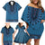 Blue African Dashiki With Fijian Tapa Pattern Family Matching Off Shoulder Short Dress and Hawaiian Shirt