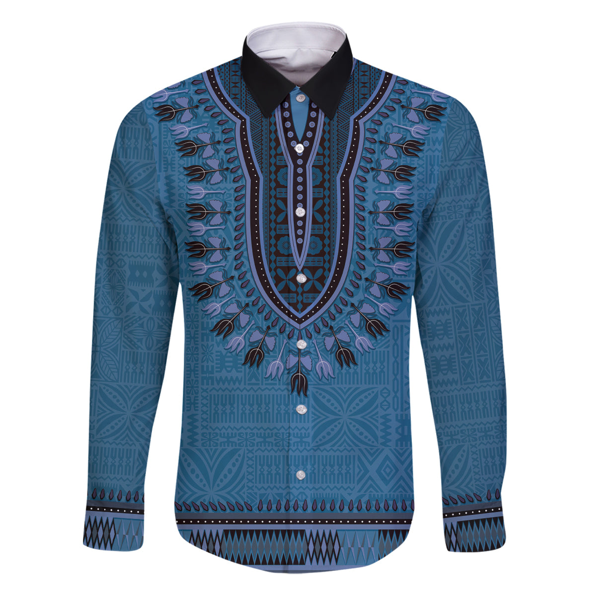 Blue African Dashiki With Fijian Tapa Pattern Family Matching Puletasi and Hawaiian Shirt