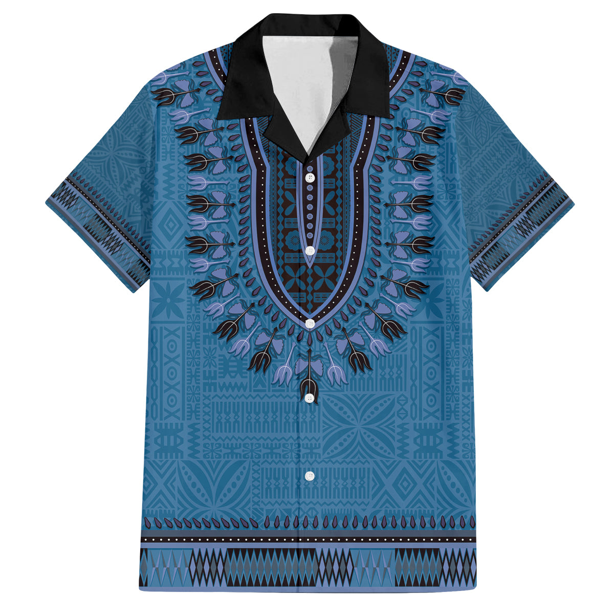 Blue African Dashiki With Fijian Tapa Pattern Family Matching Tank Maxi Dress and Hawaiian Shirt